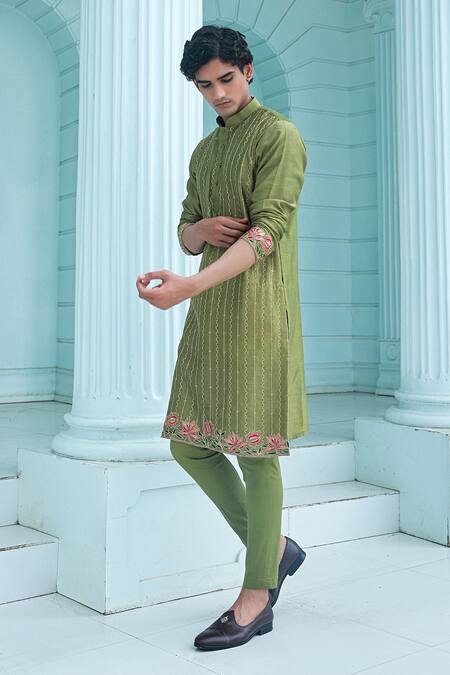 Buy_Sanvir Singh_Green Chanderi, Cotton Embroidery Zig Zag Thread Kurta Set _Online_at_Aza_Fashions