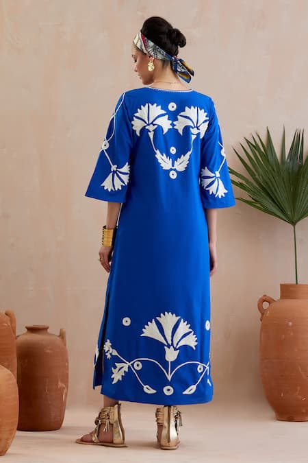 Shop Indian Summer Story Blue Cotton Embroidery Round Neck Floral Thread Midi Dress at Aza Fashions Shop_Indian Summer Story_Blue Cotton Embroidery Round Neck Floral Thread Midi Dress _at_Aza_Fashions