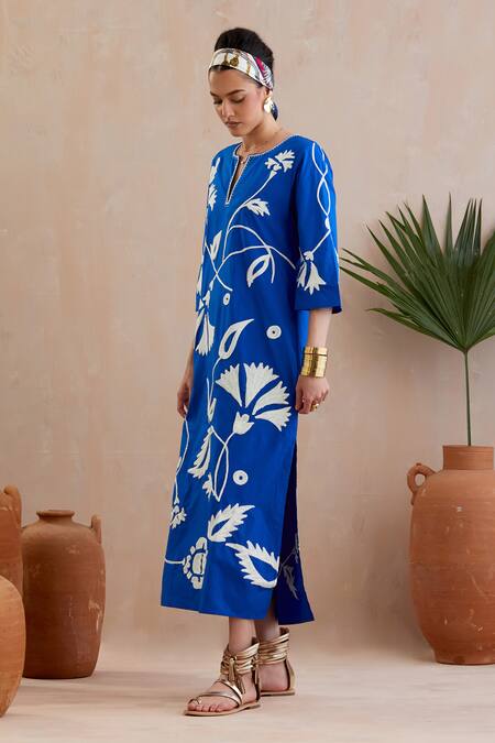 Indian Summer Story Blue Cotton Embroidery Round Neck Floral Thread Midi Dress Online at Aza Fashions Indian Summer Story_Blue Cotton Embroidery Round Neck Floral Thread Midi Dress _Online_at_Aza_Fashions
