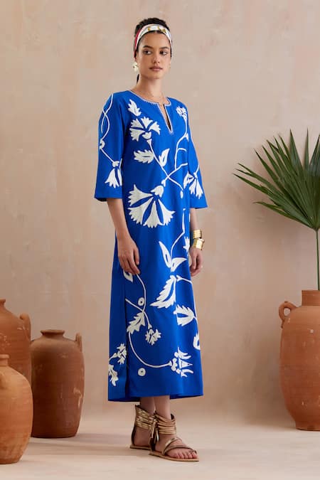 Buy Indian Summer Story Blue Cotton Embroidery Round Neck Floral Thread Midi Dress Online at Aza Fashions Buy_Indian Summer Story_Blue Cotton Embroidery Round Neck Floral Thread Midi Dress _Online_at_Aza_Fashions
