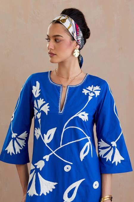 Shop Indian Summer Story Blue Cotton Embroidery Round Neck Floral Thread Midi Dress Online at Aza Fashions Shop_Indian Summer Story_Blue Cotton Embroidery Round Neck Floral Thread Midi Dress _Online_at_Aza_Fashions