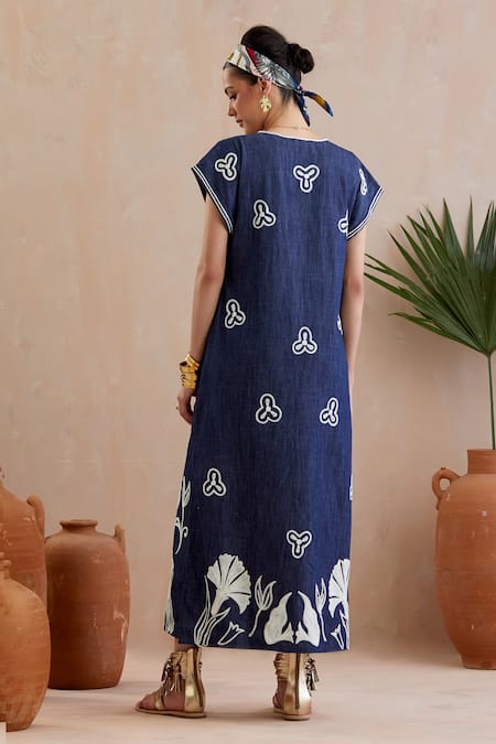Shop Indian Summer Story Blue Cotton Embroidery Round Neck Bloom Thread Midi Dress at Aza Fashions Shop_Indian Summer Story_Blue Cotton Embroidery Round Neck Bloom Thread Midi Dress _at_Aza_Fashions