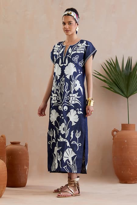 Indian Summer Story Blue Cotton Embroidery Round Neck Bloom Thread Midi Dress Online at Aza Fashions Indian Summer Story_Blue Cotton Embroidery Round Neck Bloom Thread Midi Dress _Online_at_Aza_Fashions