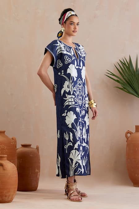 Buy Indian Summer Story Blue Cotton Embroidery Round Neck Bloom Thread Midi Dress Online at Aza Fashions Buy_Indian Summer Story_Blue Cotton Embroidery Round Neck Bloom Thread Midi Dress _Online_at_Aza_Fashions