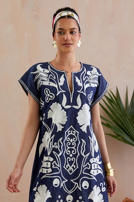 Shop Indian Summer Story Blue Cotton Embroidery Round Neck Bloom Thread Midi Dress Online at Aza Fashions Shop_Indian Summer Story_Blue Cotton Embroidery Round Neck Bloom Thread Midi Dress _Online_at_Aza_Fashions
