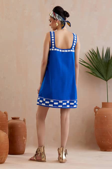 Shop Indian Summer Story Blue Cotton Embroidery Square Neck Fleur Mini Dress at Aza Fashions Shop_Indian Summer Story_Blue Cotton Embroidery Square Neck Fleur Mini Dress _at_Aza_Fashions