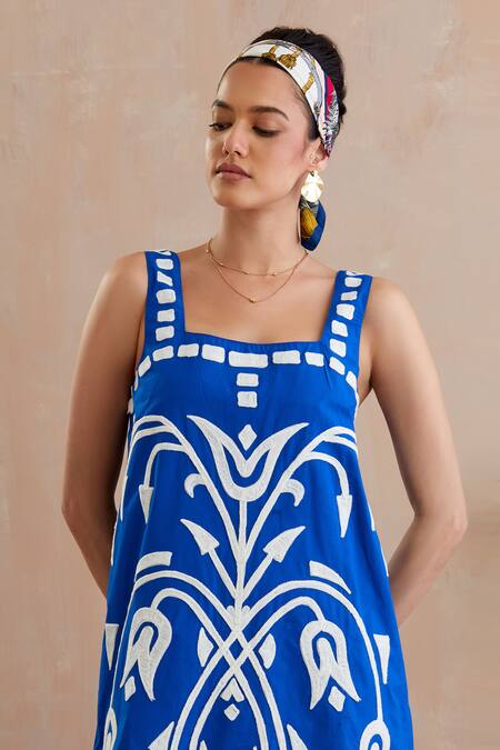 Shop Indian Summer Story Blue Cotton Embroidery Square Neck Fleur Mini Dress Online at Aza Fashions Shop_Indian Summer Story_Blue Cotton Embroidery Square Neck Fleur Mini Dress _Online_at_Aza_Fashions