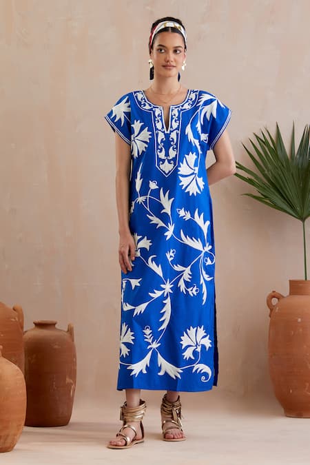 Indian Summer Story Blue Cotton Embroidery Round Neck Floral Thread Midi Dress Online at Aza Fashions Indian Summer Story_Blue Cotton Embroidery Round Neck Floral Thread Midi Dress _Online_at_Aza_Fashions