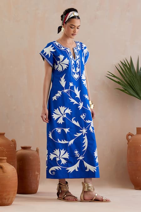 Shop Indian Summer Story Blue Cotton Embroidery Round Neck Floral Thread Midi Dress Online at Aza Fashions Shop_Indian Summer Story_Blue Cotton Embroidery Round Neck Floral Thread Midi Dress _Online_at_Aza_Fashions
