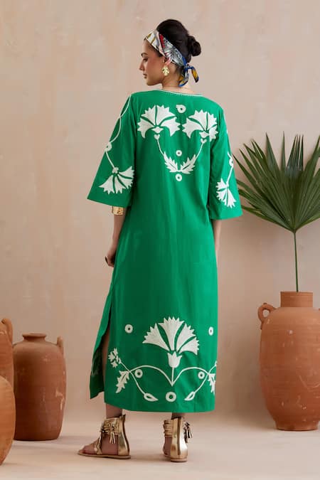 Shop Indian Summer Story Green Cotton Embroidery Round Neck Avocado Floral Midi Dress at Aza Fashions Shop_Indian Summer Story_Green Cotton Embroidery Round Neck Avocado Floral Midi Dress _at_Aza_Fashions