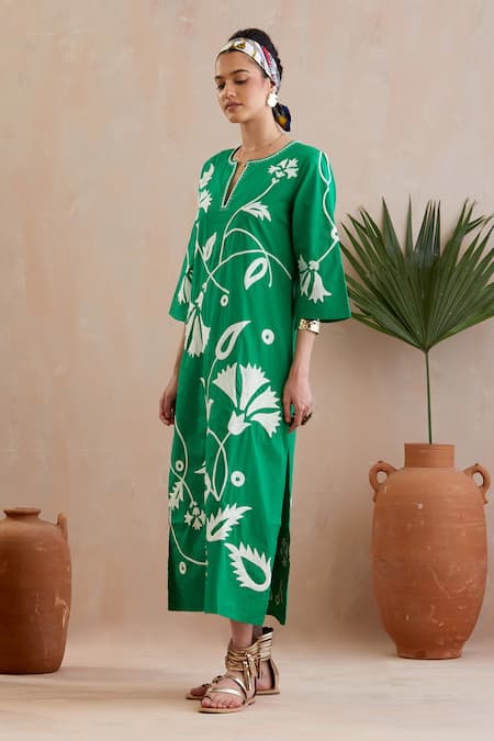 Indian Summer Story Green Cotton Embroidery Round Neck Avocado Floral Midi Dress Online at Aza Fashions Indian Summer Story_Green Cotton Embroidery Round Neck Avocado Floral Midi Dress _Online_at_Aza_Fashions