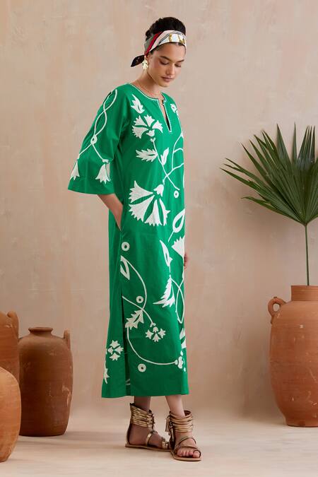 Buy Indian Summer Story Green Cotton Embroidery Round Neck Avocado Floral Midi Dress Online at Aza Fashions Buy_Indian Summer Story_Green Cotton Embroidery Round Neck Avocado Floral Midi Dress _Online_at_Aza_Fashions