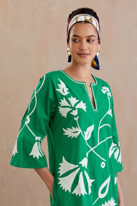 Shop Indian Summer Story Green Cotton Embroidery Round Neck Avocado Floral Midi Dress Online at Aza Fashions Shop_Indian Summer Story_Green Cotton Embroidery Round Neck Avocado Floral Midi Dress _Online_at_Aza_Fashions