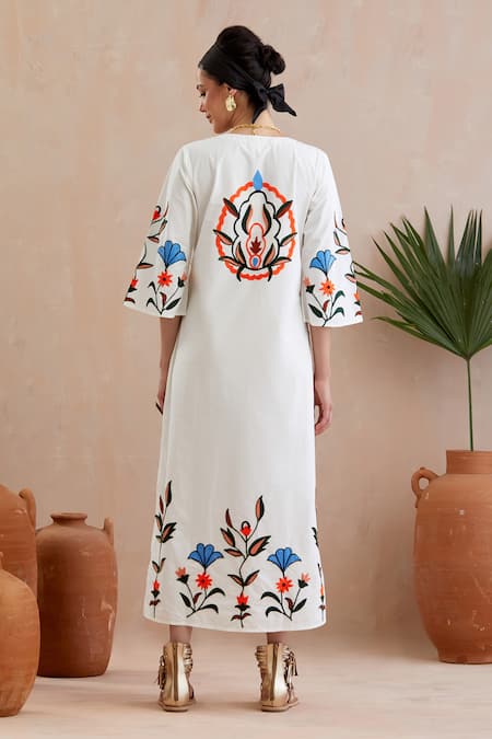 Shop Indian Summer Story Ivory Cotton Embroidery Round Neck Thread Midi Dress at Aza Fashions Shop_Indian Summer Story_Ivory Cotton Embroidery Round Neck Thread Midi Dress _at_Aza_Fashions