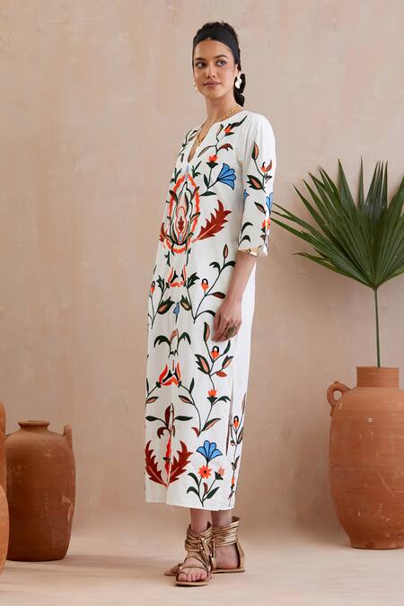 Indian Summer Story Ivory Cotton Embroidery Round Neck Thread Midi Dress Online at Aza Fashions Indian Summer Story_Ivory Cotton Embroidery Round Neck Thread Midi Dress _Online_at_Aza_Fashions