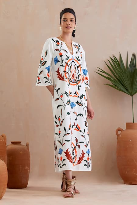 Buy Indian Summer Story Ivory Cotton Embroidery Round Neck Thread Midi Dress Online at Aza Fashions Buy_Indian Summer Story_Ivory Cotton Embroidery Round Neck Thread Midi Dress _Online_at_Aza_Fashions