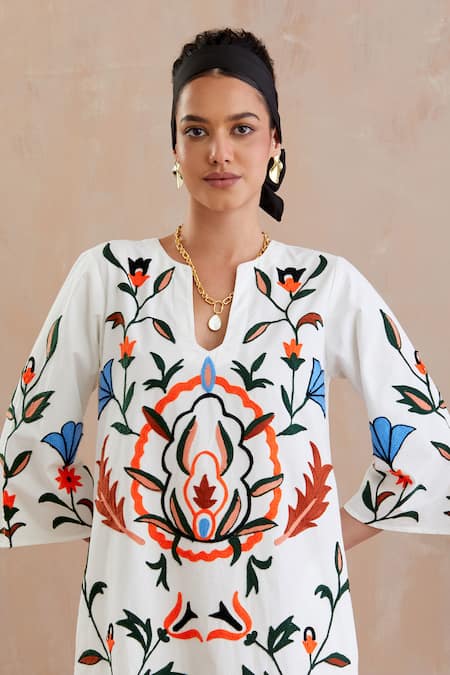 Shop Indian Summer Story Ivory Cotton Embroidery Round Neck Thread Midi Dress Online at Aza Fashions Shop_Indian Summer Story_Ivory Cotton Embroidery Round Neck Thread Midi Dress _Online_at_Aza_Fashions