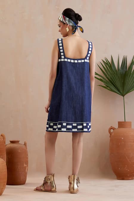 Shop Indian Summer Story Blue Cotton Embroidery Square Neck Tulip Bloom Mini Dress at Aza Fashions Shop_Indian Summer Story_Blue Cotton Embroidery Square Neck Tulip Bloom Mini Dress _at_Aza_Fashions