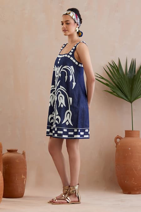 Indian Summer Story Blue Cotton Embroidery Square Neck Tulip Bloom Mini Dress Online at Aza Fashions Indian Summer Story_Blue Cotton Embroidery Square Neck Tulip Bloom Mini Dress _Online_at_Aza_Fashions