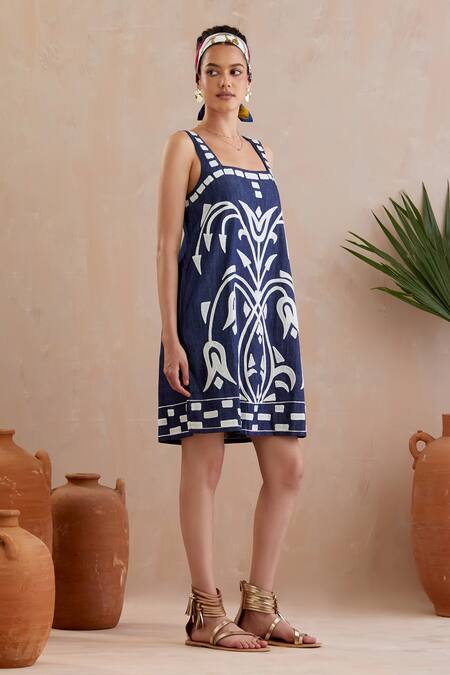 Buy Indian Summer Story Blue Cotton Embroidery Square Neck Tulip Bloom Mini Dress Online at Aza Fashions Buy_Indian Summer Story_Blue Cotton Embroidery Square Neck Tulip Bloom Mini Dress _Online_at_Aza_Fashions