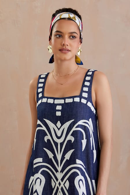 Shop Indian Summer Story Blue Cotton Embroidery Square Neck Tulip Bloom Mini Dress Online at Aza Fashions Shop_Indian Summer Story_Blue Cotton Embroidery Square Neck Tulip Bloom Mini Dress _Online_at_Aza_Fashions