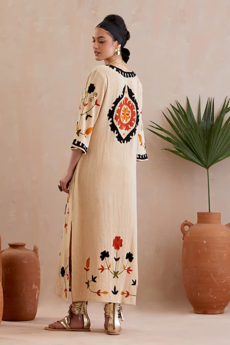 Shop_Indian Summer Story_Beige Jersey Embroidery Round Neck Flora Bloom Midi Dress _at_Aza_Fashions
