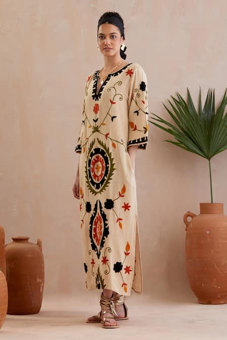 Indian Summer Story_Beige Jersey Embroidery Round Neck Flora Bloom Midi Dress _Online_at_Aza_Fashions