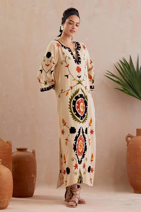 Buy_Indian Summer Story_Beige Jersey Embroidery Round Neck Flora Bloom Midi Dress _Online_at_Aza_Fashions
