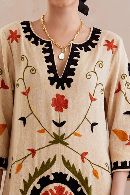 Shop_Indian Summer Story_Beige Jersey Embroidery Round Neck Flora Bloom Midi Dress _Online_at_Aza_Fashions