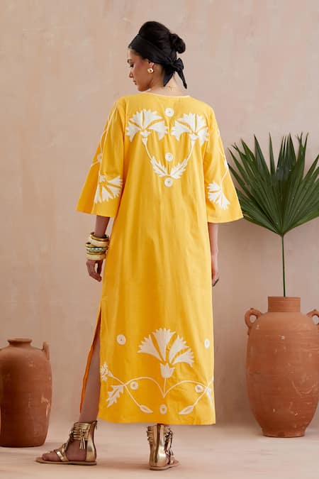 Shop Indian Summer Story Yellow Cotton Embroidery Round Neck Carnation Bloom Midi Dress at Aza Fashions Shop_Indian Summer Story_Yellow Cotton Embroidery Round Neck Carnation Bloom Midi Dress _at_Aza_Fashions