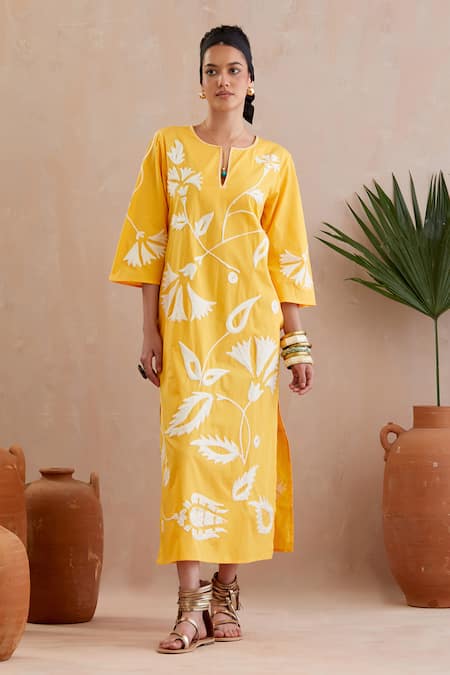 Indian Summer Story Yellow Cotton Embroidery Round Neck Carnation Bloom Midi Dress Online at Aza Fashions Indian Summer Story_Yellow Cotton Embroidery Round Neck Carnation Bloom Midi Dress _Online_at_Aza_Fashions