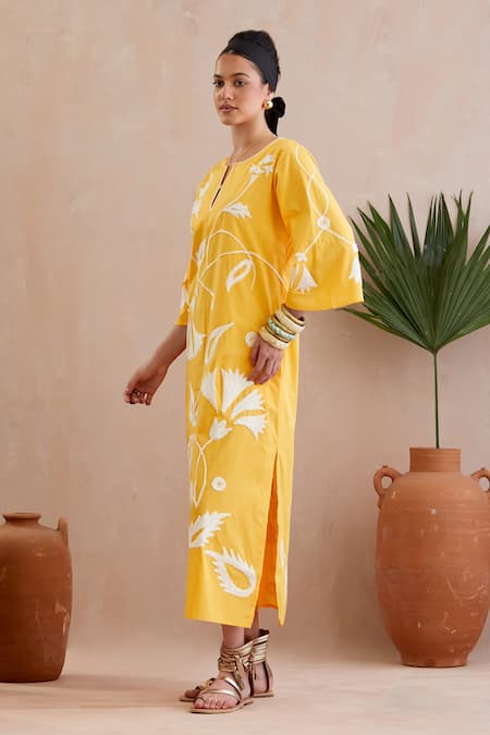 Buy Indian Summer Story Yellow Cotton Embroidery Round Neck Carnation Bloom Midi Dress Online at Aza Fashions Buy_Indian Summer Story_Yellow Cotton Embroidery Round Neck Carnation Bloom Midi Dress _Online_at_Aza_Fashions