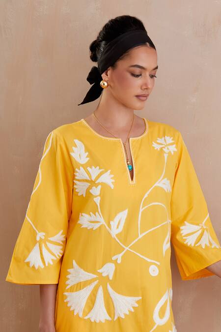 Shop Indian Summer Story Yellow Cotton Embroidery Round Neck Carnation Bloom Midi Dress Online at Aza Fashions Shop_Indian Summer Story_Yellow Cotton Embroidery Round Neck Carnation Bloom Midi Dress _Online_at_Aza_Fashions