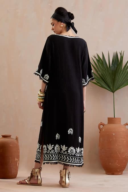 Shop Indian Summer Story Black Jersey Embroidery V-neck Bloom Motif Midi Dress at Aza Fashions Shop_Indian Summer Story_Black Jersey Embroidery V-neck Bloom Motif Midi Dress _at_Aza_Fashions