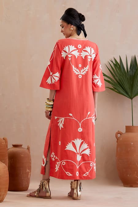 Indian Summer Story Peach Iris Bloom Embroidered Midi Dress 