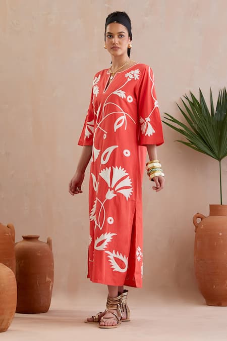 Indian Summer Story_Peach Cotton Embroidery Round Neck Iris Bloom Midi Dress _Online_at_Aza_Fashions