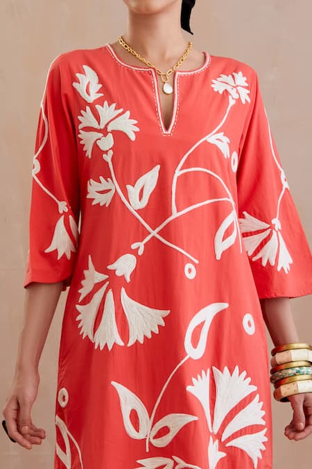 Shop_Indian Summer Story_Peach Cotton Embroidery Round Neck Iris Bloom Midi Dress _Online_at_Aza_Fashions