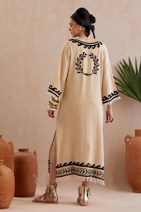 Shop Indian Summer Story Beige Cotton Embroidery Round Neck Crest Bloom Midi Dress at Aza Fashions Shop_Indian Summer Story_Beige Cotton Embroidery Round Neck Crest Bloom Midi Dress _at_Aza_Fashions