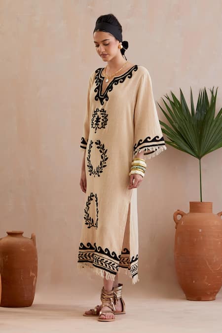 Indian Summer Story Beige Cotton Embroidery Round Neck Crest Bloom Midi Dress Online at Aza Fashions Indian Summer Story_Beige Cotton Embroidery Round Neck Crest Bloom Midi Dress _Online_at_Aza_Fashions