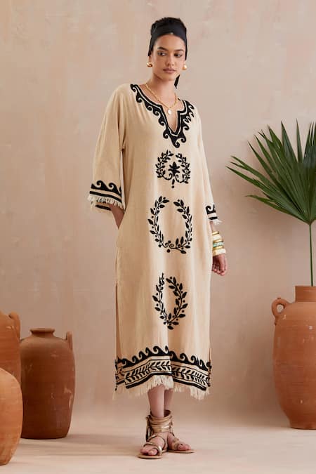Buy Indian Summer Story Beige Cotton Embroidery Round Neck Crest Bloom Midi Dress Online at Aza Fashions Buy_Indian Summer Story_Beige Cotton Embroidery Round Neck Crest Bloom Midi Dress _Online_at_Aza_Fashions