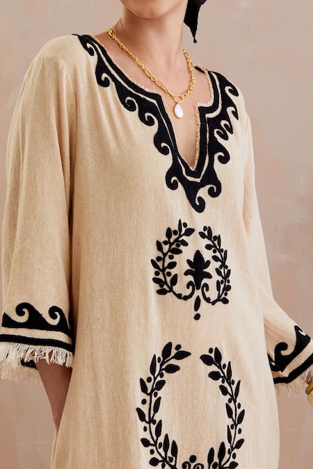 Shop Indian Summer Story Beige Cotton Embroidery Round Neck Crest Bloom Midi Dress Online at Aza Fashions Shop_Indian Summer Story_Beige Cotton Embroidery Round Neck Crest Bloom Midi Dress _Online_at_Aza_Fashions