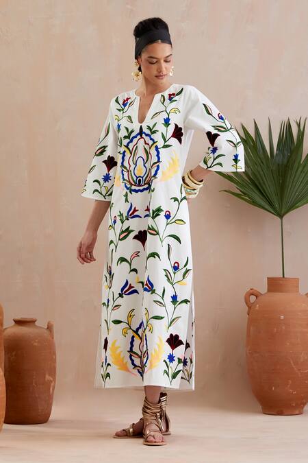 Indian Summer Story Ivory Cotton Embroidery Round Neck Crest Midi Dress Online at Aza Fashions Indian Summer Story_Ivory Cotton Embroidery Round Neck Crest Midi Dress _Online_at_Aza_Fashions
