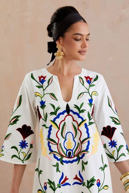 Shop Indian Summer Story Ivory Cotton Embroidery Round Neck Crest Midi Dress Online at Aza Fashions Shop_Indian Summer Story_Ivory Cotton Embroidery Round Neck Crest Midi Dress _Online_at_Aza_Fashions