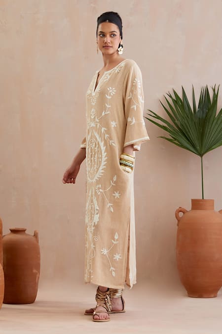 Indian Summer Story_Beige Jersey Embroidery Round Neck Crest Flora Maxi Dress _Online_at_Aza_Fashions