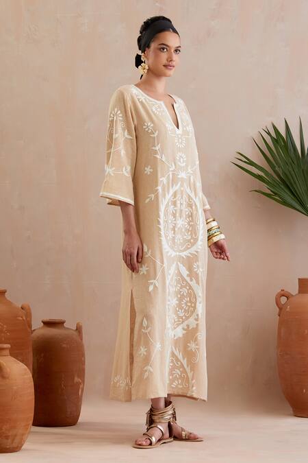 Buy_Indian Summer Story_Beige Jersey Embroidery Round Neck Crest Flora Maxi Dress _Online_at_Aza_Fashions