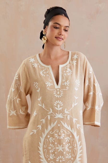 Shop_Indian Summer Story_Beige Jersey Embroidery Round Neck Crest Flora Maxi Dress _Online_at_Aza_Fashions