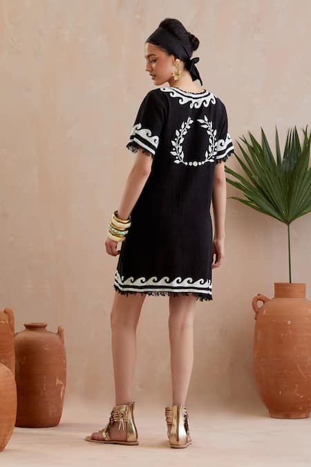 Shop Indian Summer Story Black Jersey Embroidery Round Neck Crest Fleur Maxi Dress at Aza Fashions Shop_Indian Summer Story_Black Jersey Embroidery Round Neck Crest Fleur Maxi Dress _at_Aza_Fashions