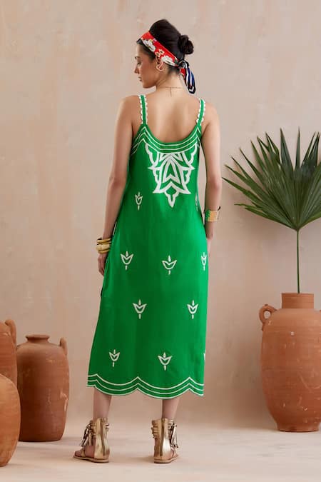 Shop Indian Summer Story Green Cotton Embroidery V-neck V Midi Dress at Aza Fashions Shop_Indian Summer Story_Green Cotton Embroidery V-neck V Midi Dress _at_Aza_Fashions