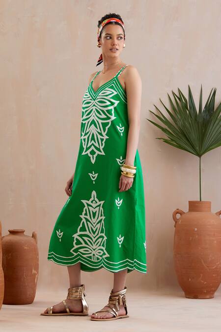 Indian Summer Story Green Cotton Embroidery V-neck V Midi Dress Online at Aza Fashions Indian Summer Story_Green Cotton Embroidery V-neck V Midi Dress _Online_at_Aza_Fashions