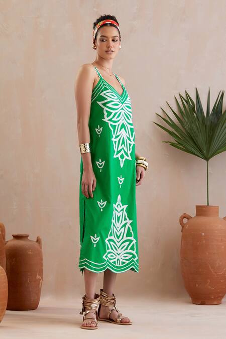 Buy Indian Summer Story Green Cotton Embroidery V-neck V Midi Dress Online at Aza Fashions Buy_Indian Summer Story_Green Cotton Embroidery V-neck V Midi Dress _Online_at_Aza_Fashions